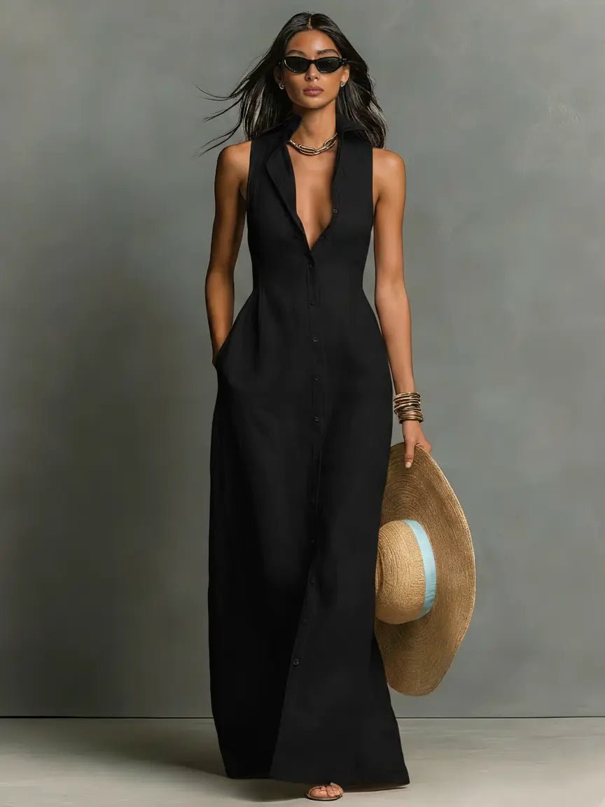 Sleeveless Linen Maxi Shirt Dress for Women