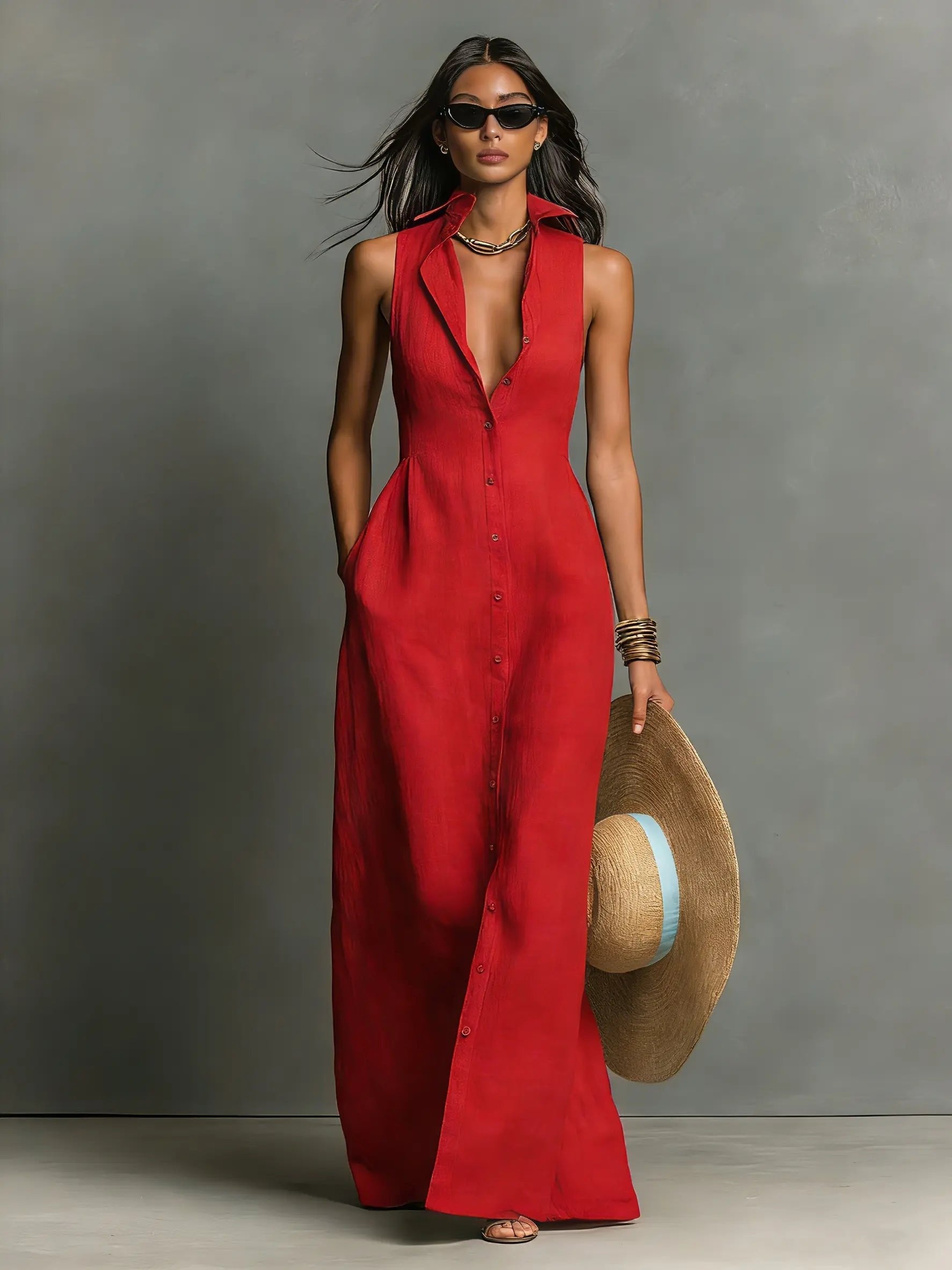 Sleeveless Linen Maxi Shirt Dress for Women