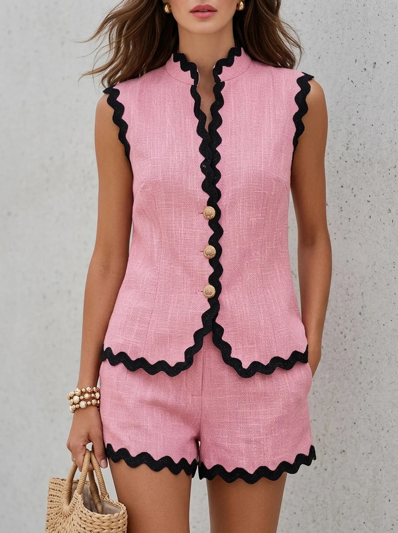 Scalloped Edge Linen Button-Front Set for Women