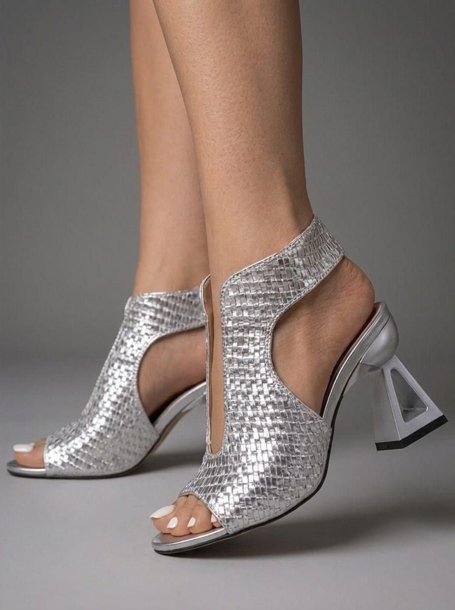 Woven Block Heel Mule Sandals for Women - Argent