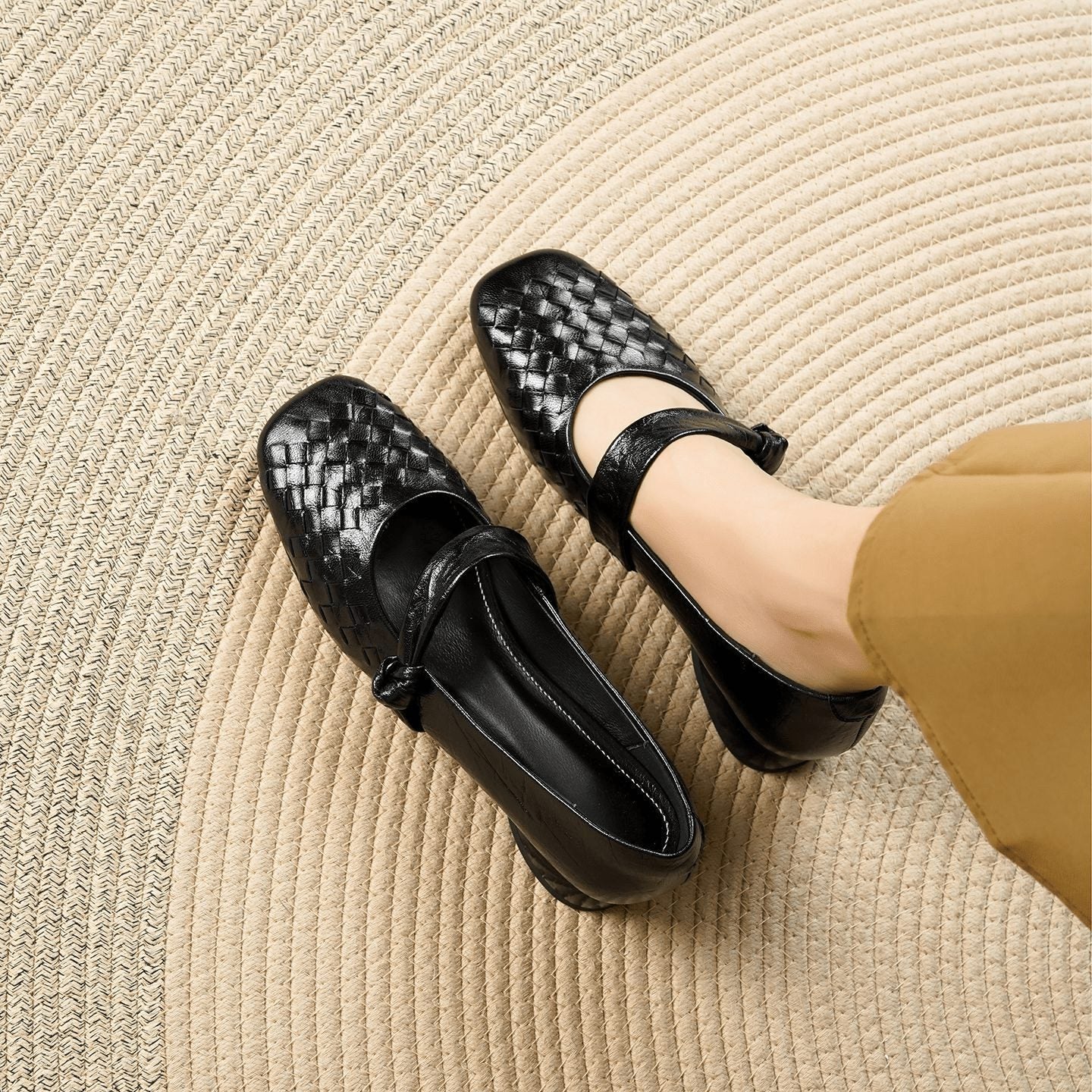 Woven Mary Jane Flats for Women - Zwart