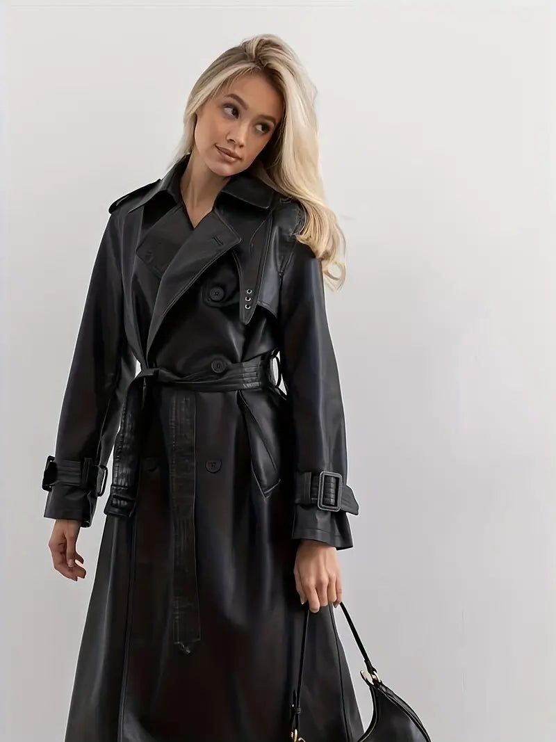 Wrap Leather Trench Coat for Women - Black