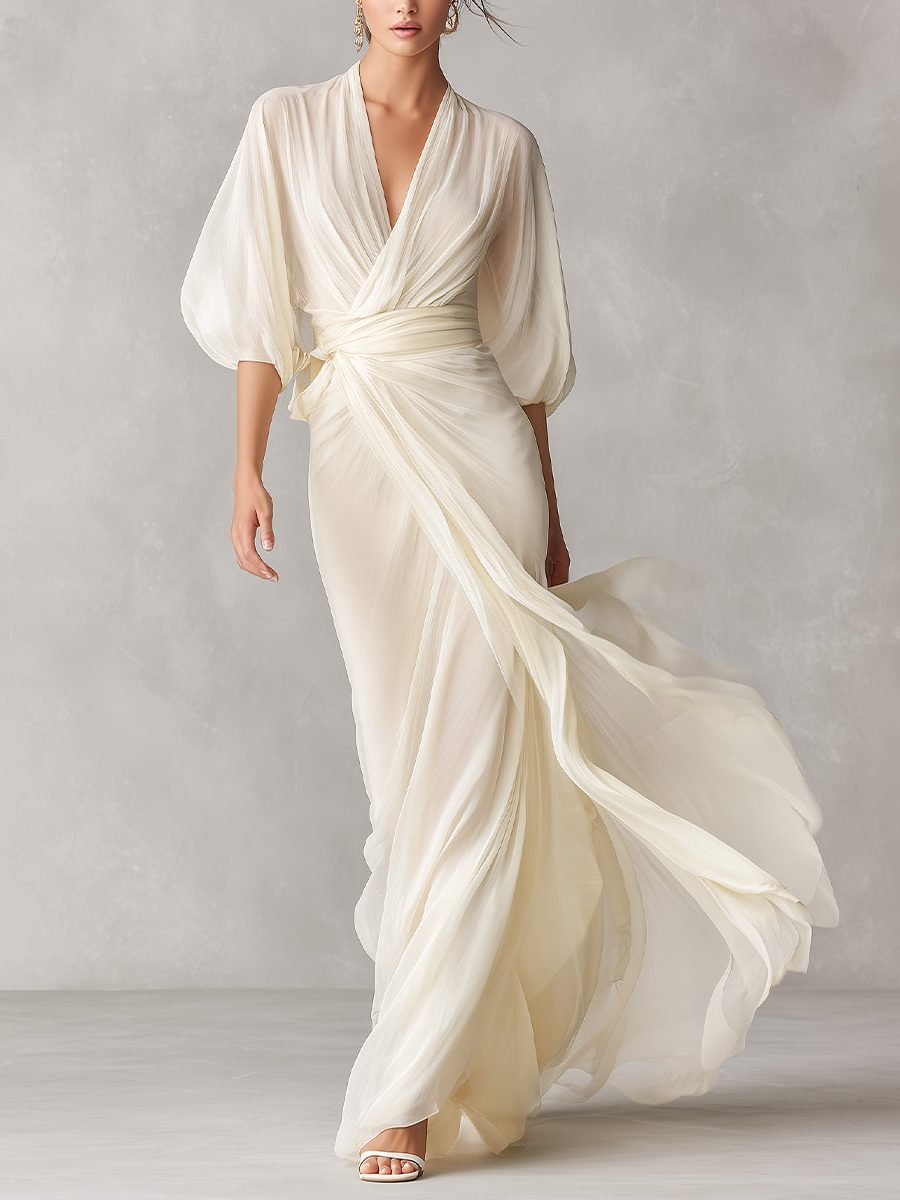 Wrap Maxi Chiffon Dress with Puff Sleeves for Women