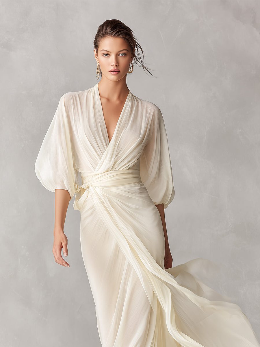 Wrap Maxi Chiffon Dress with Puff Sleeves for Women - View 2