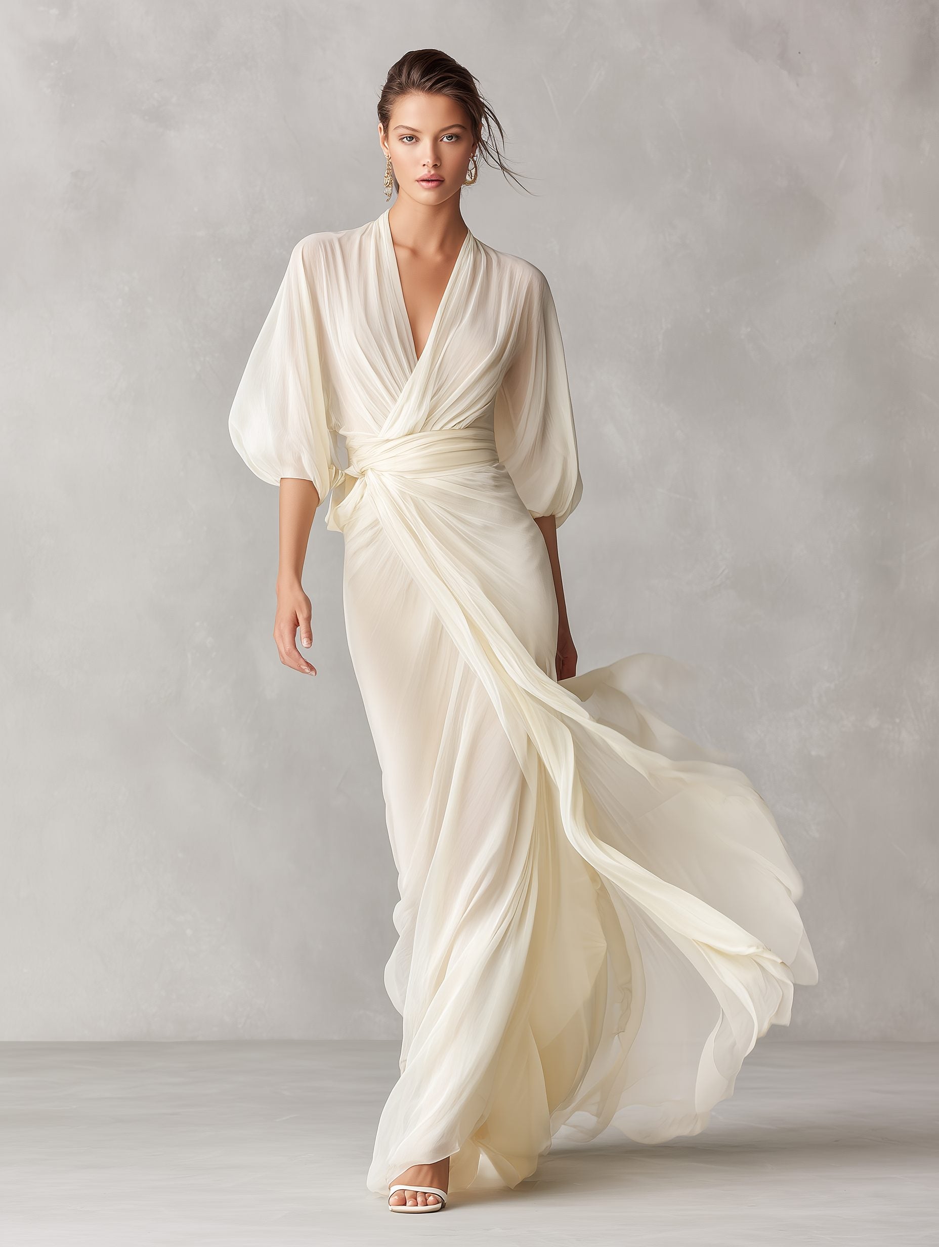 Wrap Maxi Chiffon Dress with Puff Sleeves for Women - View 3