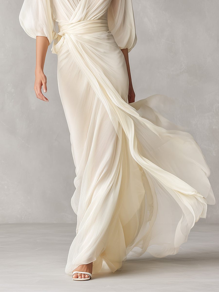 Wrap Maxi Chiffon Dress with Puff Sleeves for Women - View 4
