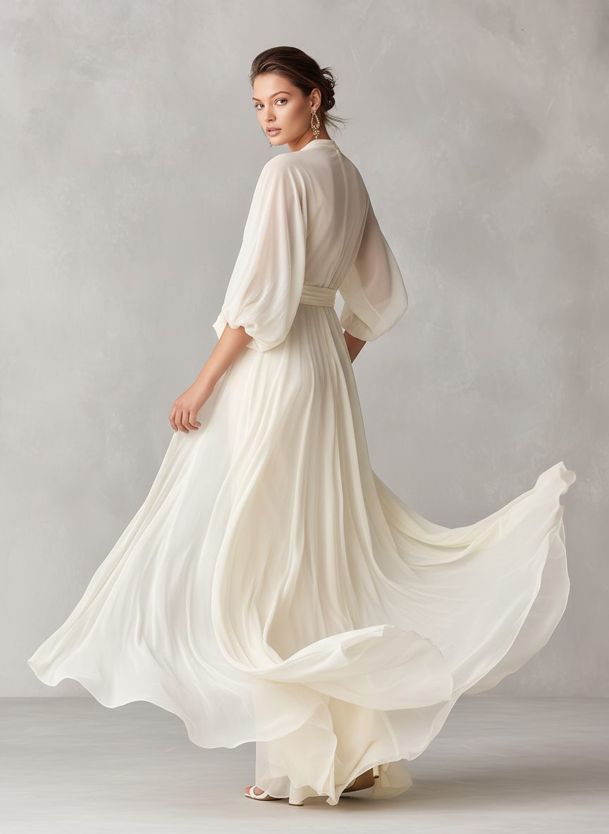 Wrap Maxi Chiffon Dress with Puff Sleeves for Women - View 5