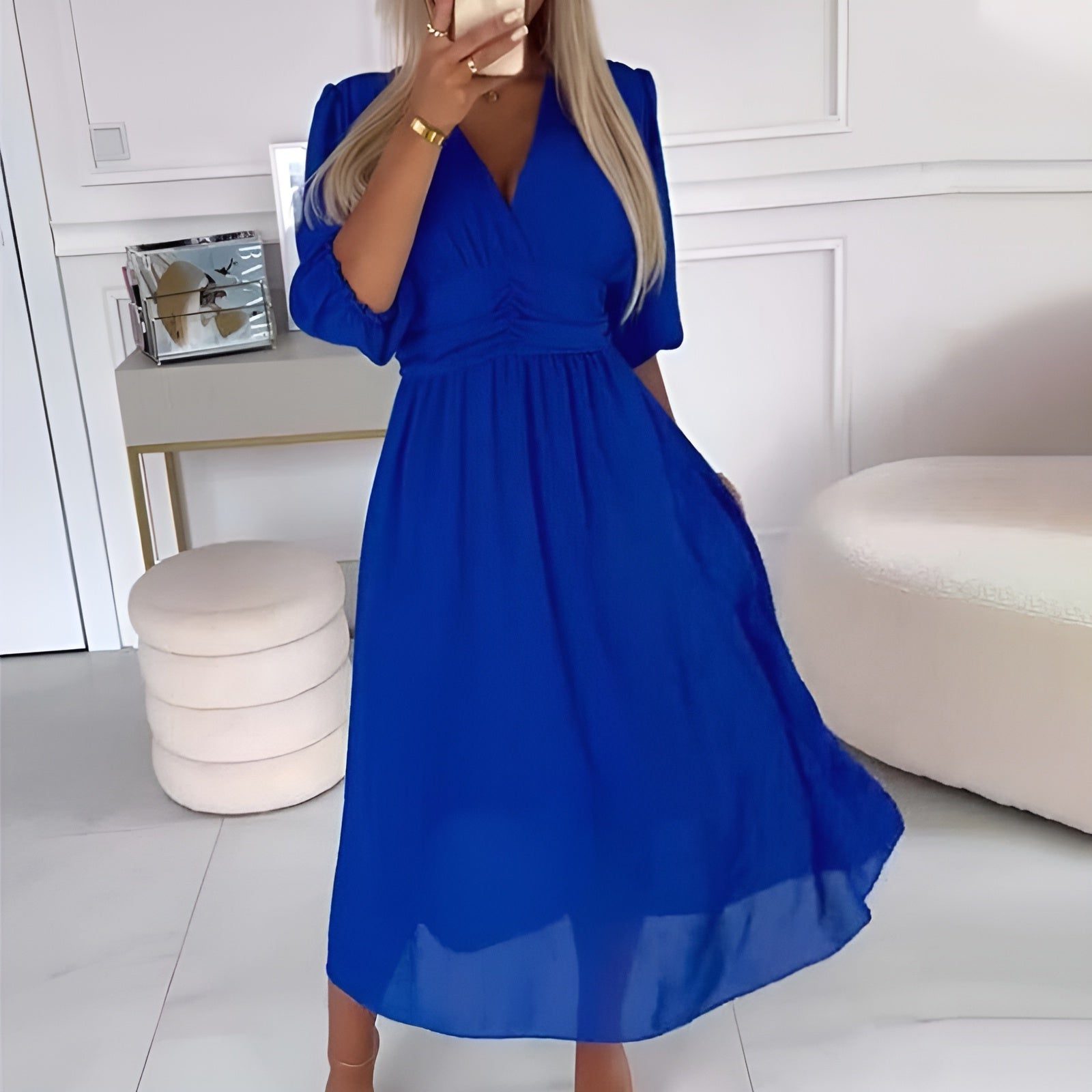 Chiffon Wrap Midi Dress with Puff Sleeves for Women - View 2