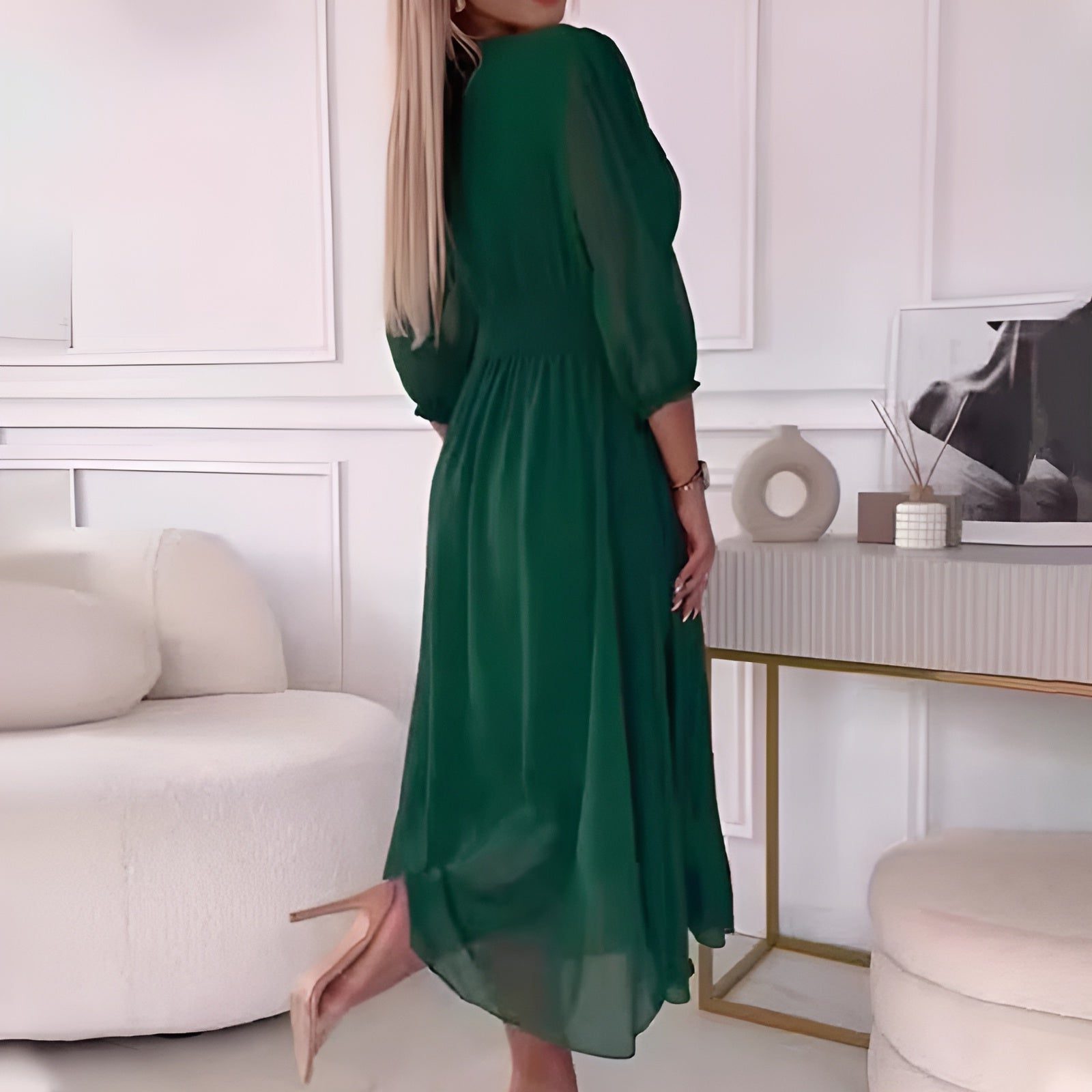 Chiffon Wrap Midi Dress with Puff Sleeves for Women - View 5