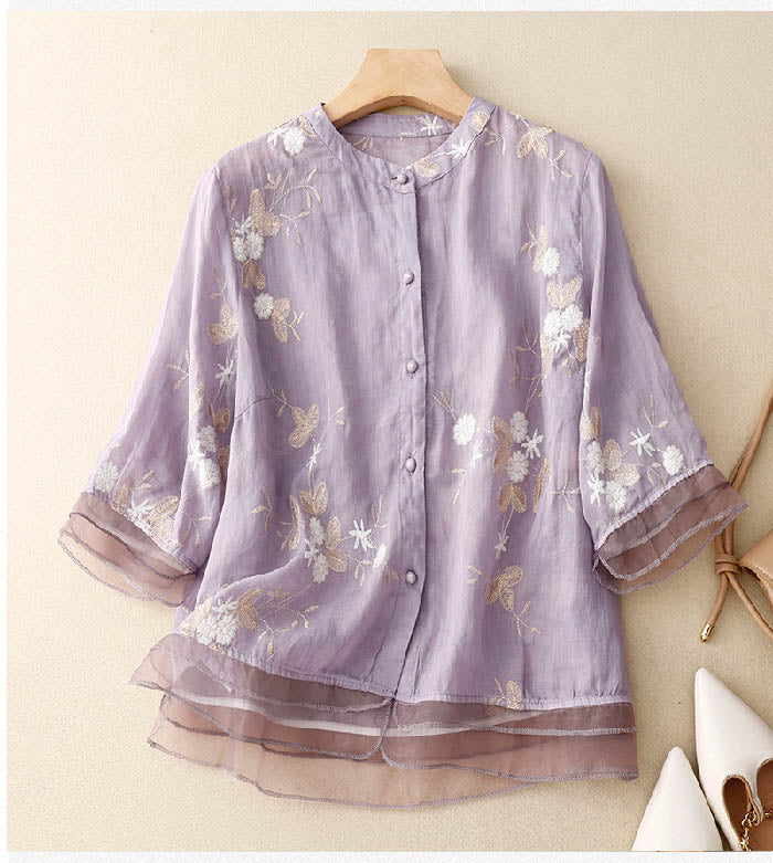 Floral Embroidered Linen Blouse for Women