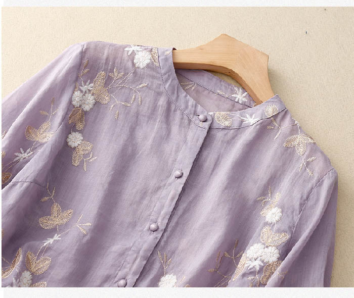 Floral Embroidered Linen Blouse for Women
