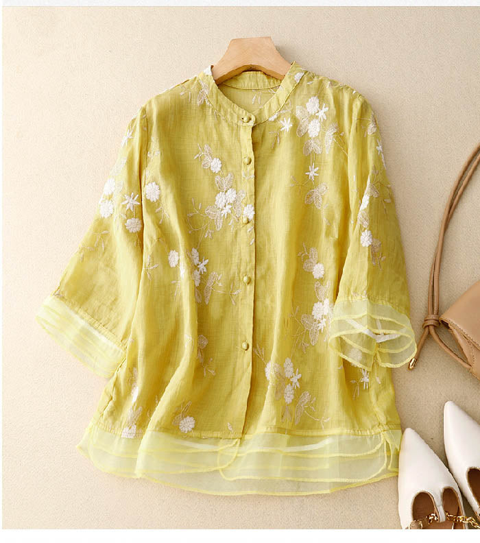 Floral Embroidered Linen Blouse for Women