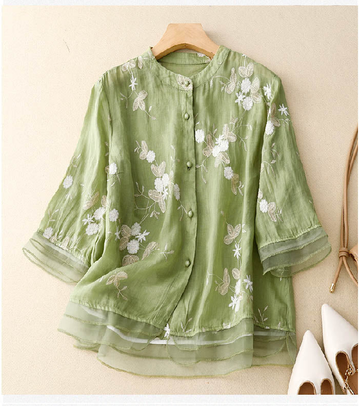 Floral Embroidered Linen Blouse for Women