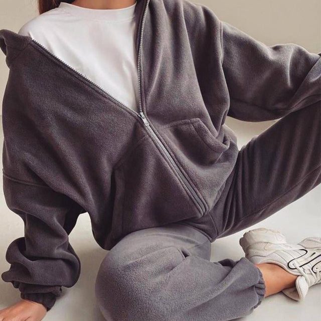Zip-Up Oversized Hoodie Jogging Set for Women - Grey
