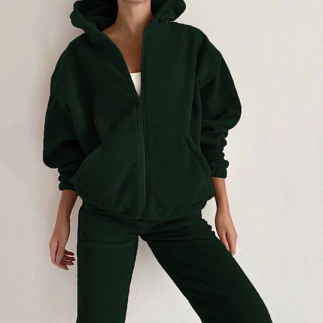 Zip-Up Oversized Hoodie Jogging Set for Women - Green