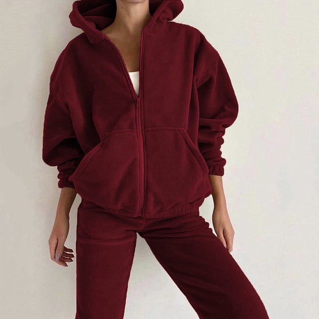 Zip-Up Oversized Hoodie Jogging Set for Women - Wine