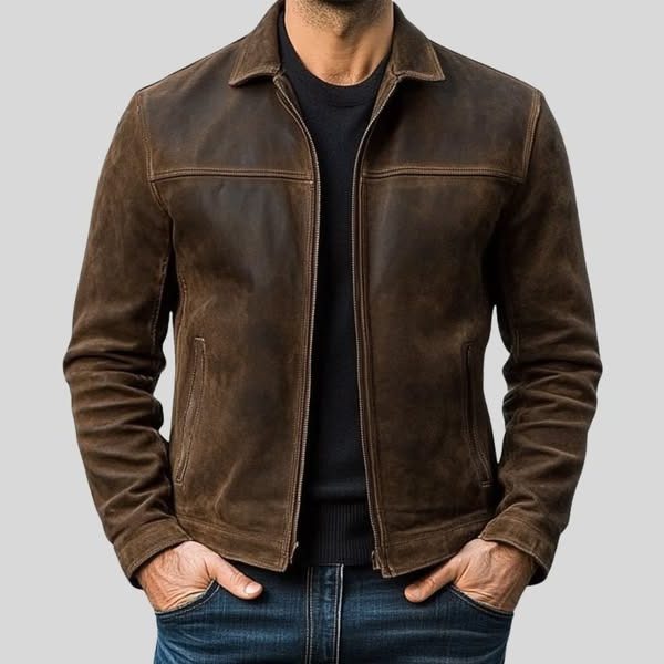 Zip-Up Suede Jacket for Men - Brown