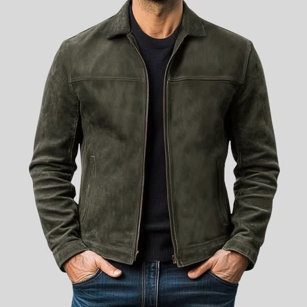 Zip-Up Suede Jacket for Men - Olive Green