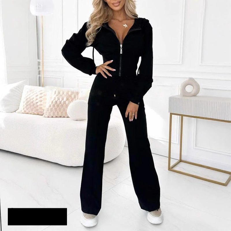 Zip-Up Velour Straight Leg Jogging Set for Women - Black
