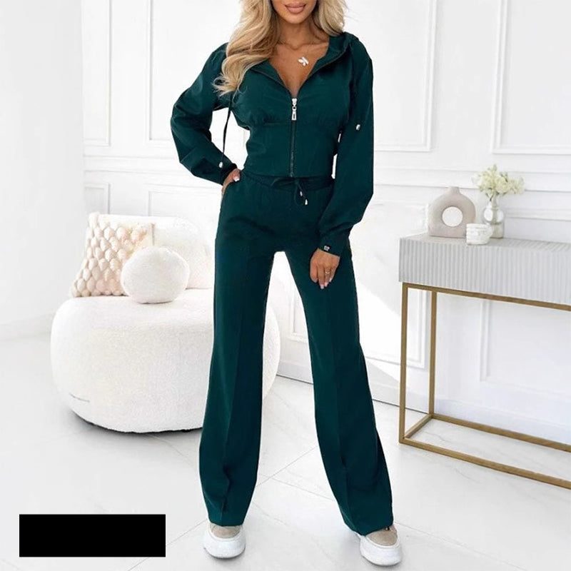 Zip-Up Velour Straight Leg Jogging Set for Women - Green
