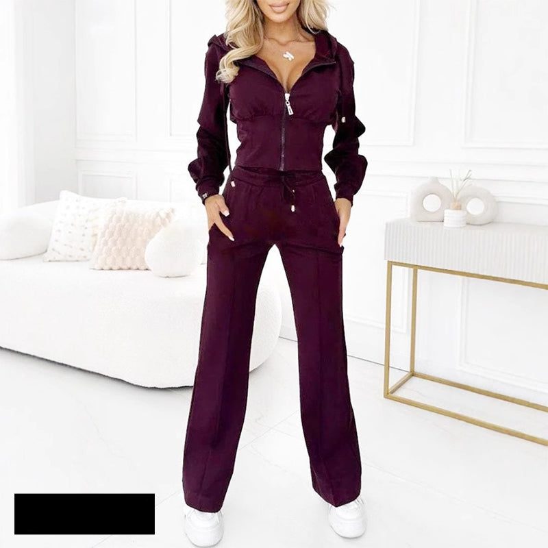 Zip-Up Velour Straight Leg Jogging Set for Women - Burgundy