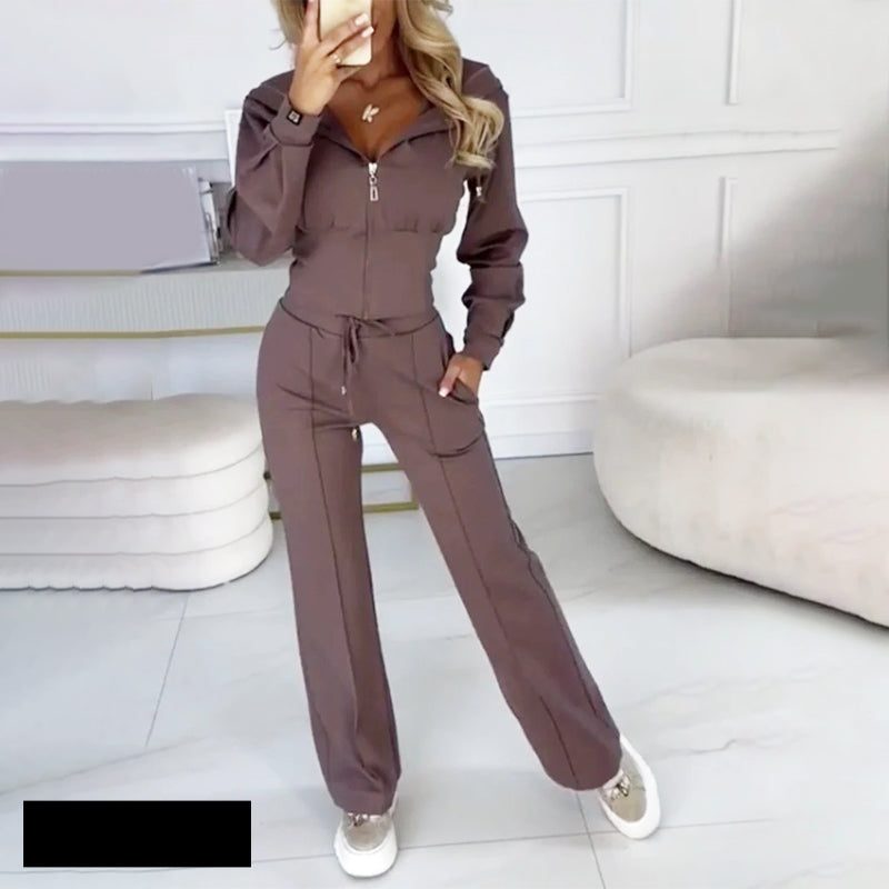 Zip-Up Velour Straight Leg Jogging Set for Women - Coffee